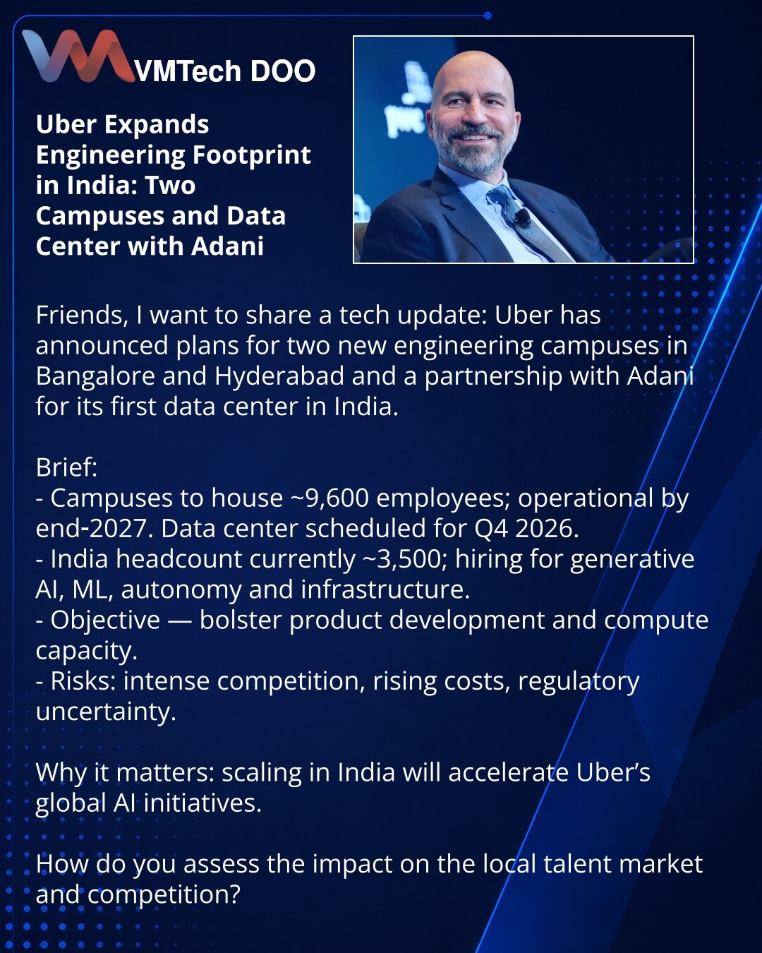 Uber širi inženjerski kapacitet u Indiji: dva kampusa i data-centar sa Adani

Dragi prijatelji, želim podeliti vest iz sveta tehnologije: Uber je najavio dva nova inženjerska kampusa u Bengaluru i Hyderabadu i partnerstvo sa Adani za prvi data-centar u Indiji.

Kratko:
- Kampusi za ~9.600 zaposlenih; otvaranje do kraja 2027. Data-centar — IV kvartal 2026.
- U Indiji trenutno ~3.500 zaposlenih; zapošljavanje u generativnom AI, ML, autonomnim sistemima i infrastrukturi.
- Cilj — jačanje razvoja pr