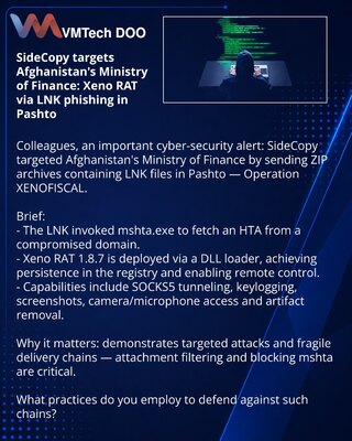 SideCopy targets Afghanistan's Ministry of Finance: Xeno RAT via LNK phishing in Pashto