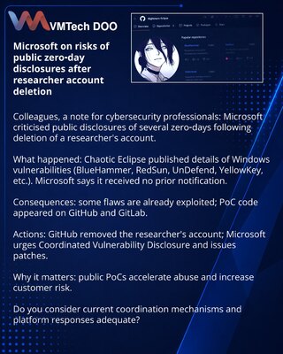 Microsoft — о рисках публичных раскрытий нулевых дней после удаления аккаунта исследователя