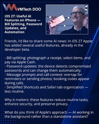 iOS 27: korisne AI funkcije na iPhone — deljenje računa, ažuriranje lozinki i automatizacija