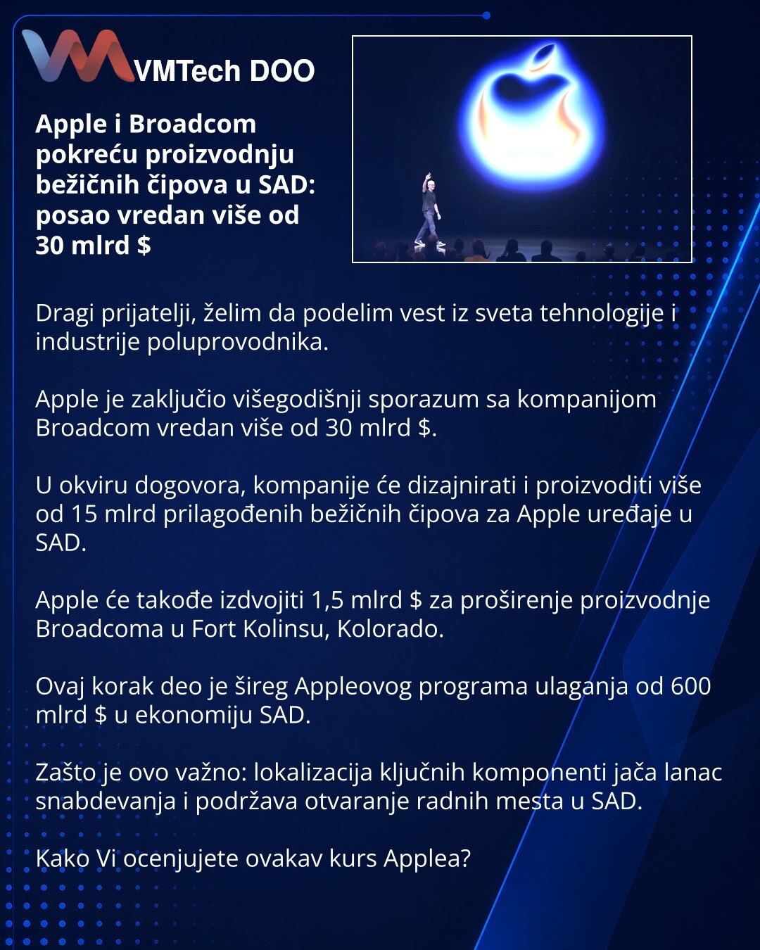 Apple i Broadcom pokreću proizvodnju bežičnih čipova u SAD: posao vredan više od 30 mlrd $

Dragi prijatelji, želim da podelim vest iz sveta tehnologije i industrije poluprovodnika.

Apple je zaključio višegodišnji sporazum sa kompanijom Broadcom vredan više od 30 mlrd $.

U okviru dogovora, kompanije će dizajnirati i proizvoditi više od 15 mlrd prilagođenih bežičnih čipova za Apple uređaje u SAD.

Apple će takođe izdvojiti 1,5 mlrd $ za proširenje proizvodnje Broadcoma u Fort Kolinsu, Kolorado.