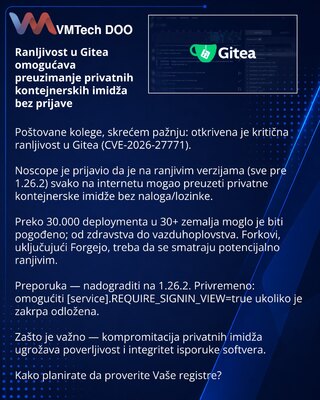 Ranljivost u Gitea omogućava preuzimanje privatnih kontejnerskih imidža bez prijave