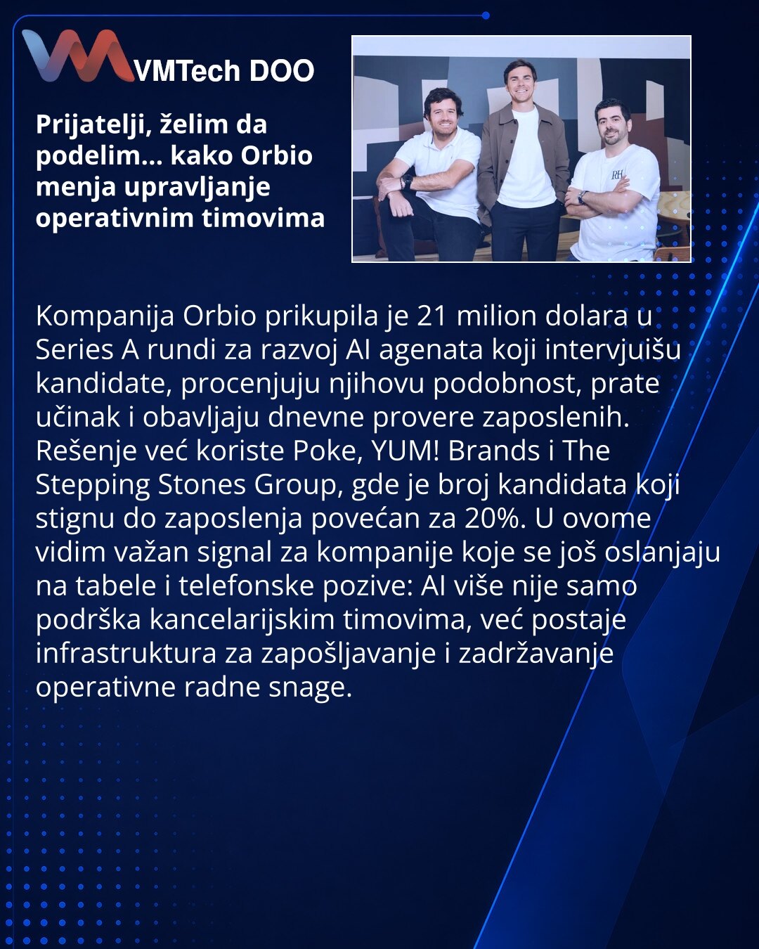 Orbio prikupio 21 milion dolara za AI upravljanje operativnom radnom snagom