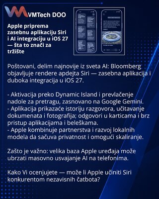 Apple priprema zasebnu aplikaciju Siri i AI integraciju u iOS 27 — šta to znači za tržište