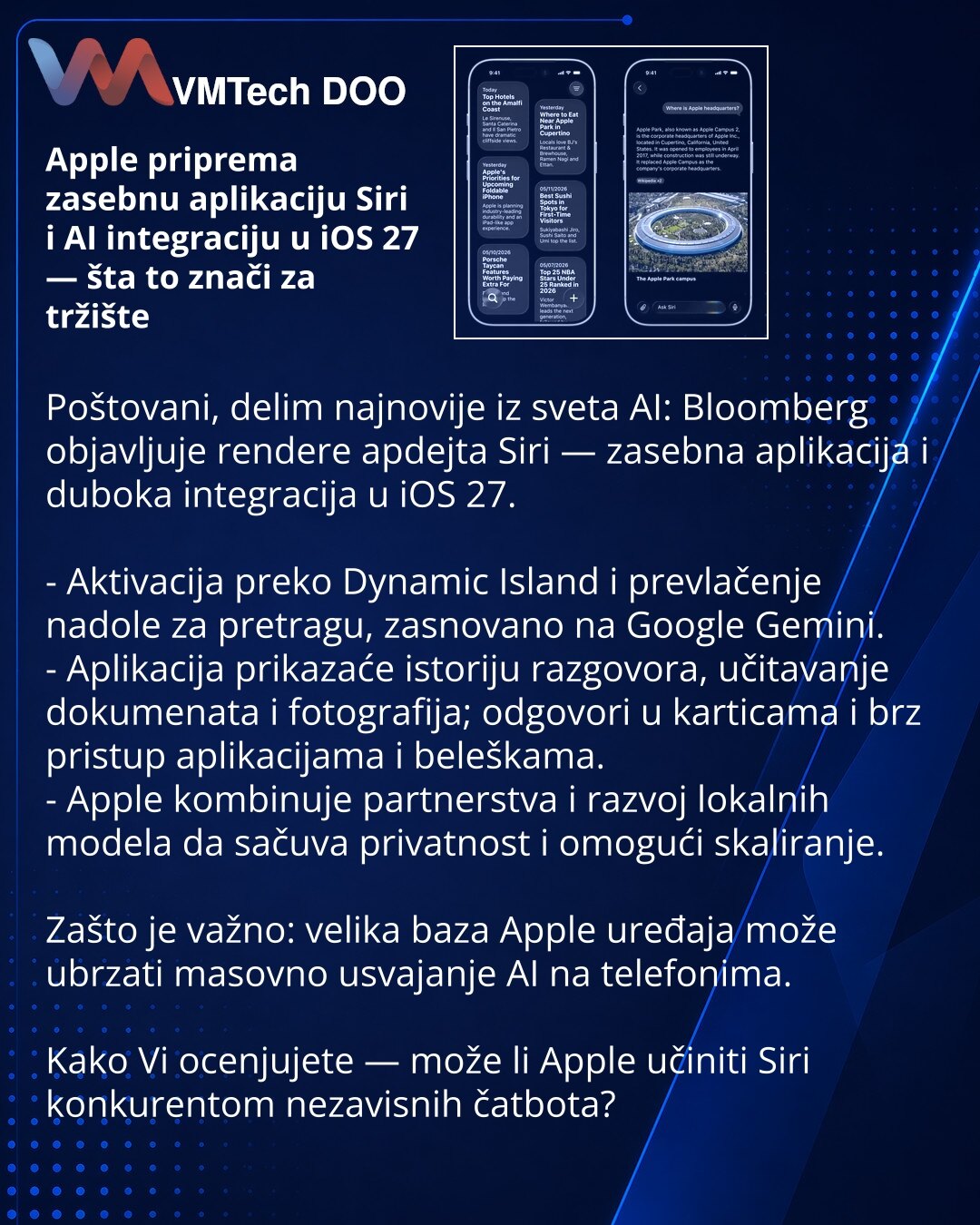 Apple priprema zasebnu aplikaciju Siri i AI integraciju u iOS 27 — šta to znači za tržište

Poštovani, delim najnovije iz sveta AI: Bloomberg objavljuje rendere apdejta Siri — zasebna aplikacija i duboka integracija u iOS 27.

- Aktivacija preko Dynamic Island i prevlačenje nadole za pretragu, zasnovano na Google Gemini.
- Aplikacija prikazaće istoriju razgovora, učitavanje dokumenata i fotografija; odgovori u karticama i brz pristup aplikacijama i beleškama.
- Apple kombinuje partnerstva i razv