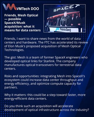 Prijatelji, Mesh Optical — moguće preuzimanje od strane SpaceX-a/Ilona Maska: šta to menja za data-centre