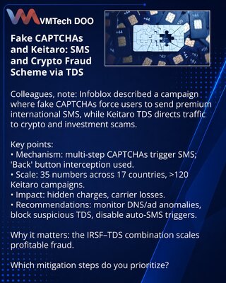 Lažne CAPTCHA i Keitaro: šema SMS i kripto prevara putem TDS