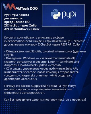 PyPI: три пакета доставляли вредоносное ПО ZiChatBot через Zulip API на Windows и Linux