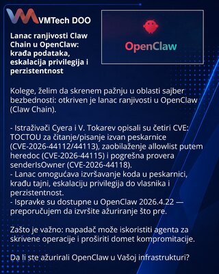 Claw Chain vulnerability chain in OpenClaw: data exfiltration, privilege escalation, and persistence