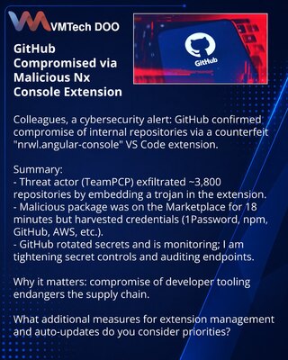 Kompromitacija GitHub-a putem zlonamernog proširenja Nx Console