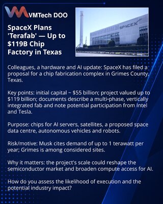 SpaceX планирует «Terafab» — фабрику чипов в Техасе до $119 млрд
