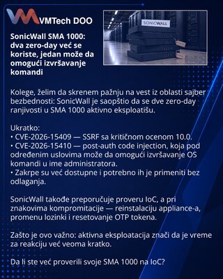 SonicWall SMA 1000: dva zero-day već se koriste, jedan može da omogući izvršavanje komandi