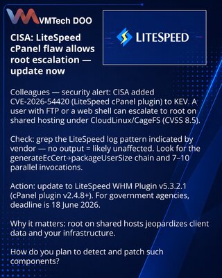 CISA: уязвимость в LiteSpeed cPanel позволяет эскалацию до root — обновите