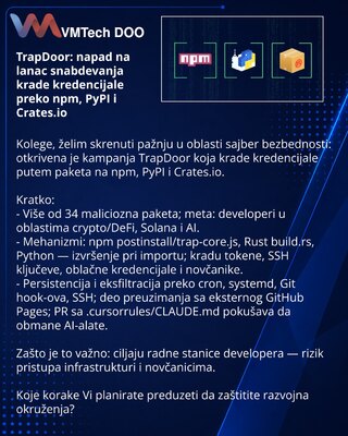 TrapDoor: napad na lanac snabdevanja krade kredencijale preko npm, PyPI i Crates.io