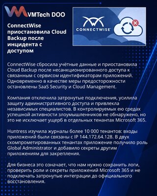 ConnectWise Suspends Cloud Backup Following Application Identity Incident