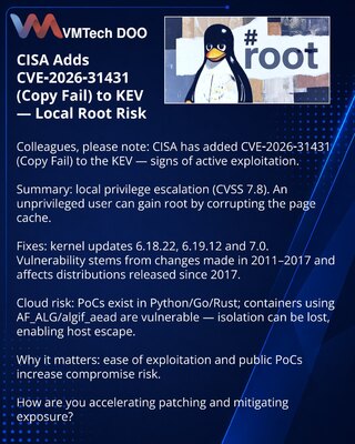 CISA добавила CVE‑2026‑31431 (Copy Fail) в KEV — риск локального получения root