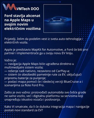 Ford stavlja akcenat na Apple Maps u svojim novim električnim vozilima