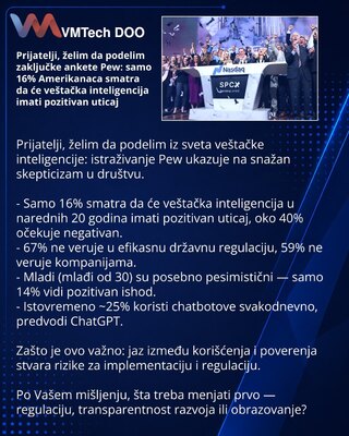 Prijatelji, želim da podelim zaključke ankete Pew: samo 16% Amerikanaca smatra da će veštačka inteligencija imati pozitivan uticaj