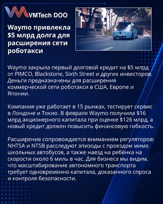 Waymo получила кредит на $5 млрд для расширения роботакси