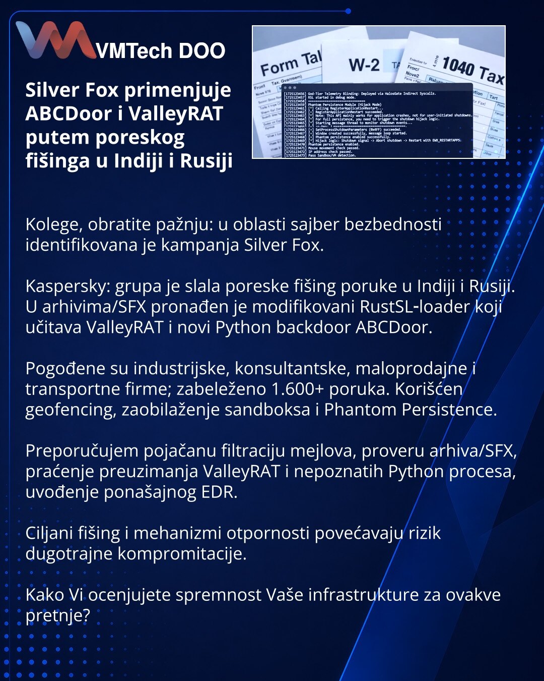 Silver Fox primenjuje ABCDoor i ValleyRAT putem poreskog fišinga u Indiji i Rusiji

Kolege, obratite pažnju: u oblasti sajber bezbednosti identifikovana je kampanja Silver Fox.

Kaspersky: grupa je slala poreske fišing poruke u Indiji i Rusiji. U arhivima/SFX pronađen je modifikovani RustSL‑loader koji učitava ValleyRAT i novi Python backdoor ABCDoor.

Pogođene su industrijske, konsultantske, maloprodajne i transportne firme; zabeleženo 1.600+ poruka. Korišćen geofencing, zaobilaženje sandboksa
