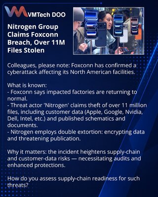 Nitrogen Group Claims Foxconn Breach, Over 11M Files Stolen