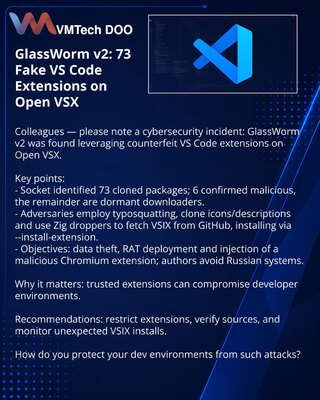 GlassWorm v2: 73 lažna proširenja za VS Code na Open VSX