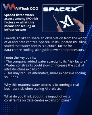 SpaceX uključila pristup vodi u faktore rizika prijave za IPO — šta to znači za skaliranje AI‑infrastrukture