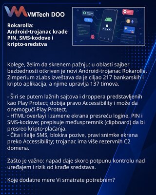 Rokarolla: Android‑trojanac krade PIN, SMS‑kodove i kripto‑sredstva