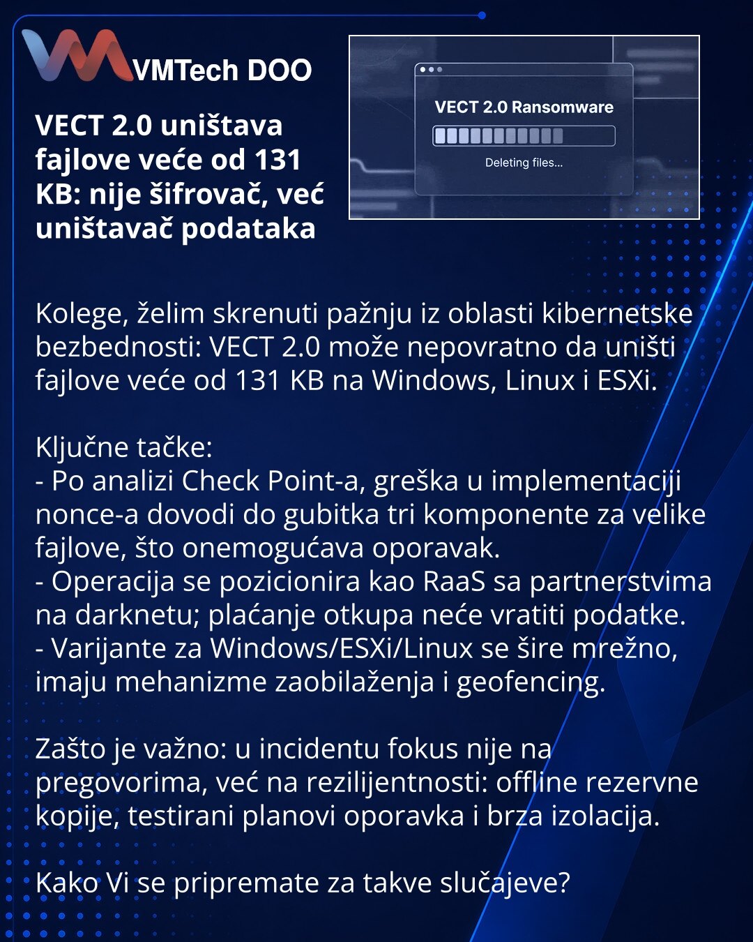 VECT 2.0 uništava fajlove veće od 131 KB: nije šifrovač, već uništavač podataka

Kolege, želim skrenuti pažnju iz oblasti kibernetske bezbednosti: VECT 2.0 može nepovratno da uništi fajlove veće od 131 KB na Windows, Linux i ESXi.

Ključne tačke:
- Po analizi Check Point-a, greška u implementaciji nonce-a dovodi do gubitka tri komponente za velike fajlove, što onemogućava oporavak.
- Operacija se pozicionira kao RaaS sa partnerstvima na darknetu; plaćanje otkupa neće vratiti podatke.
- Varijante