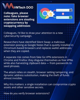Colleagues, please note: fake browser extensions are stealing cryptocurrency by swapping addresses