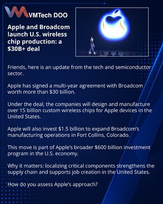 Apple и Broadcom запускают производство беспроводных чипов в США: сделка на $30 млрд+