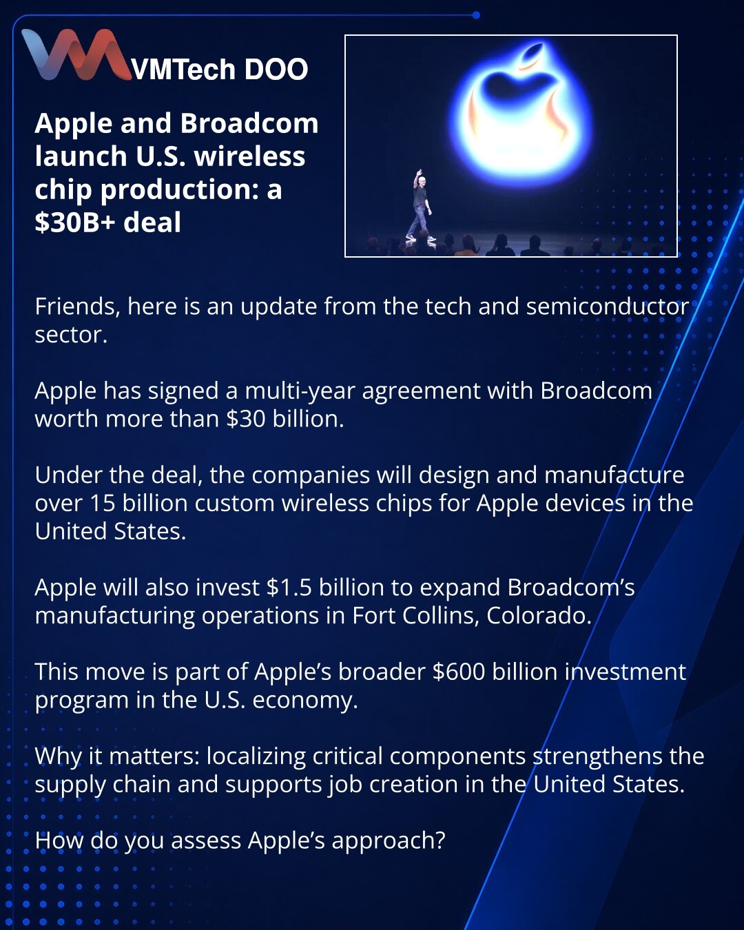 Apple i Broadcom pokreću proizvodnju bežičnih čipova u SAD: posao vredan više od 30 mlrd $

Dragi prijatelji, želim da podelim vest iz sveta tehnologije i industrije poluprovodnika.

Apple je zaključio višegodišnji sporazum sa kompanijom Broadcom vredan više od 30 mlrd $.

U okviru dogovora, kompanije će dizajnirati i proizvoditi više od 15 mlrd prilagođenih bežičnih čipova za Apple uređaje u SAD.

Apple će takođe izdvojiti 1,5 mlrd $ za proširenje proizvodnje Broadcoma u Fort Kolinsu, Kolorado.