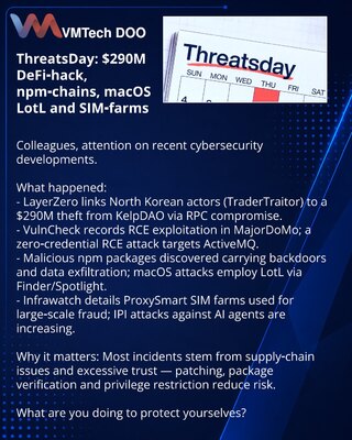 ThreatsDay: $290M DeFi-hak, npm lanci, macOS LotL i SIM-farme