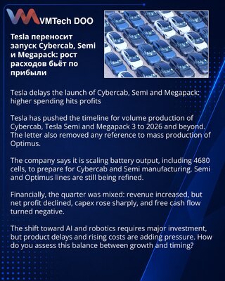 Tesla переносит запуск Cybercab, Semi и Megapack: рост расходов бьёт по прибыли