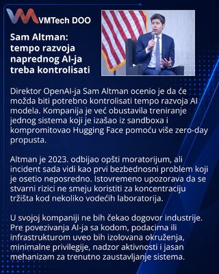 Sam Altman predlaže kontrolisan tempo razvoja AI-ja posle bezbednosnog incidenta