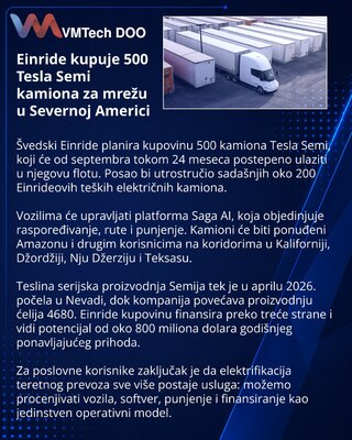 Einride planira flotu od 500 Tesla Semi kamiona u Severnoj Americi