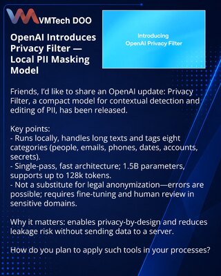 OpenAI predstavio Privacy Filter — model za lokalno maskiranje PII