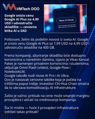 Google snizio cenu Google AI Plus na 4,99 USD i udvostručio skladište — cenovna bitka AI u SAD