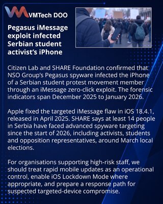 Pegasus napad na iPhone člana studentskog pokreta u Srbiji