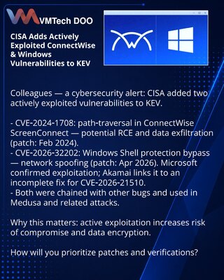 CISA je dodala u KEV aktivno eksploatisane ranjivosti u ConnectWise i Windows