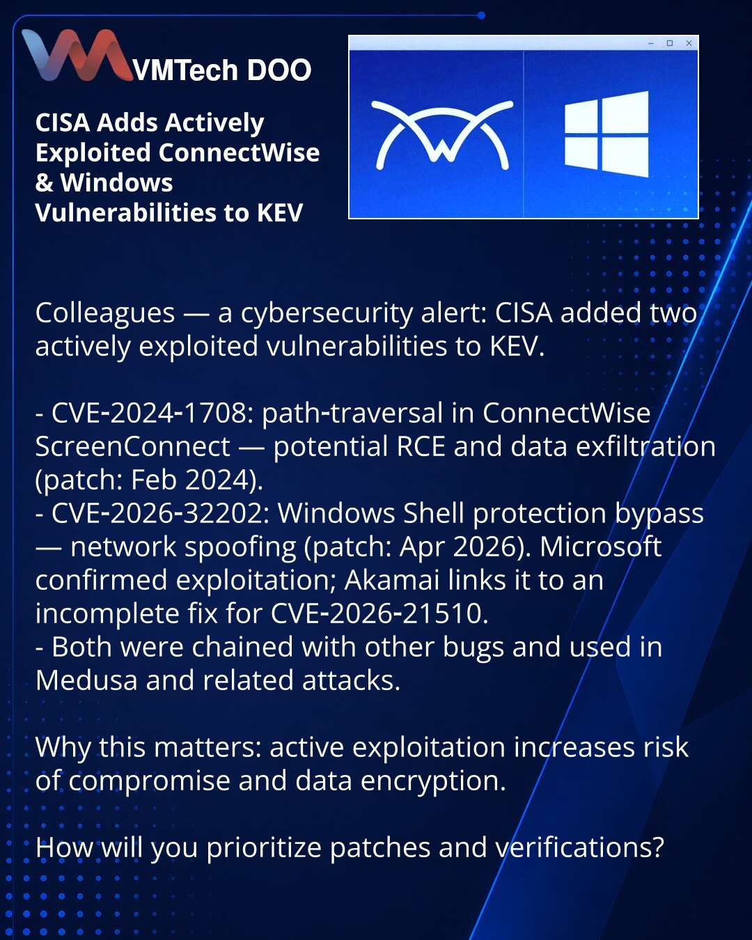 CISA je dodala u KEV aktivno eksploatisane ranjivosti u ConnectWise i Windows

Kolege, želim da skrenem pažnju u oblasti kibernetske bezbednosti: CISA je u KEV uvrstila dve aktivno eksploatisane ranjivosti.

- CVE-2024-1708: path traversal u ConnectWise ScreenConnect — moguć RCE i curenje podataka (zakrpa: februar 2024).
- CVE-2026-32202: proboj zaštite Windows Shell — mrežni spoofing (zakrpa: april 2026). Microsoft je potvrdio eksploataciju; Akamai povezuje problem sa nepotpunim ispravkom CVE-2