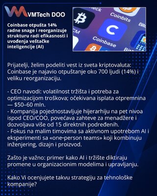 Coinbase otpušta 14% radne snage i reorganizuje strukturu radi efikasnosti i uvođenja veštačke inteligencije (AI)