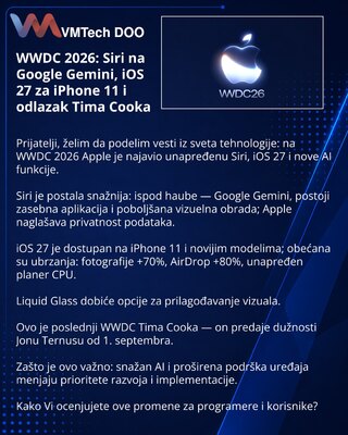 WWDC 2026: Siri na Google Gemini, iOS 27 za iPhone 11 i odlazak Tima Cooka