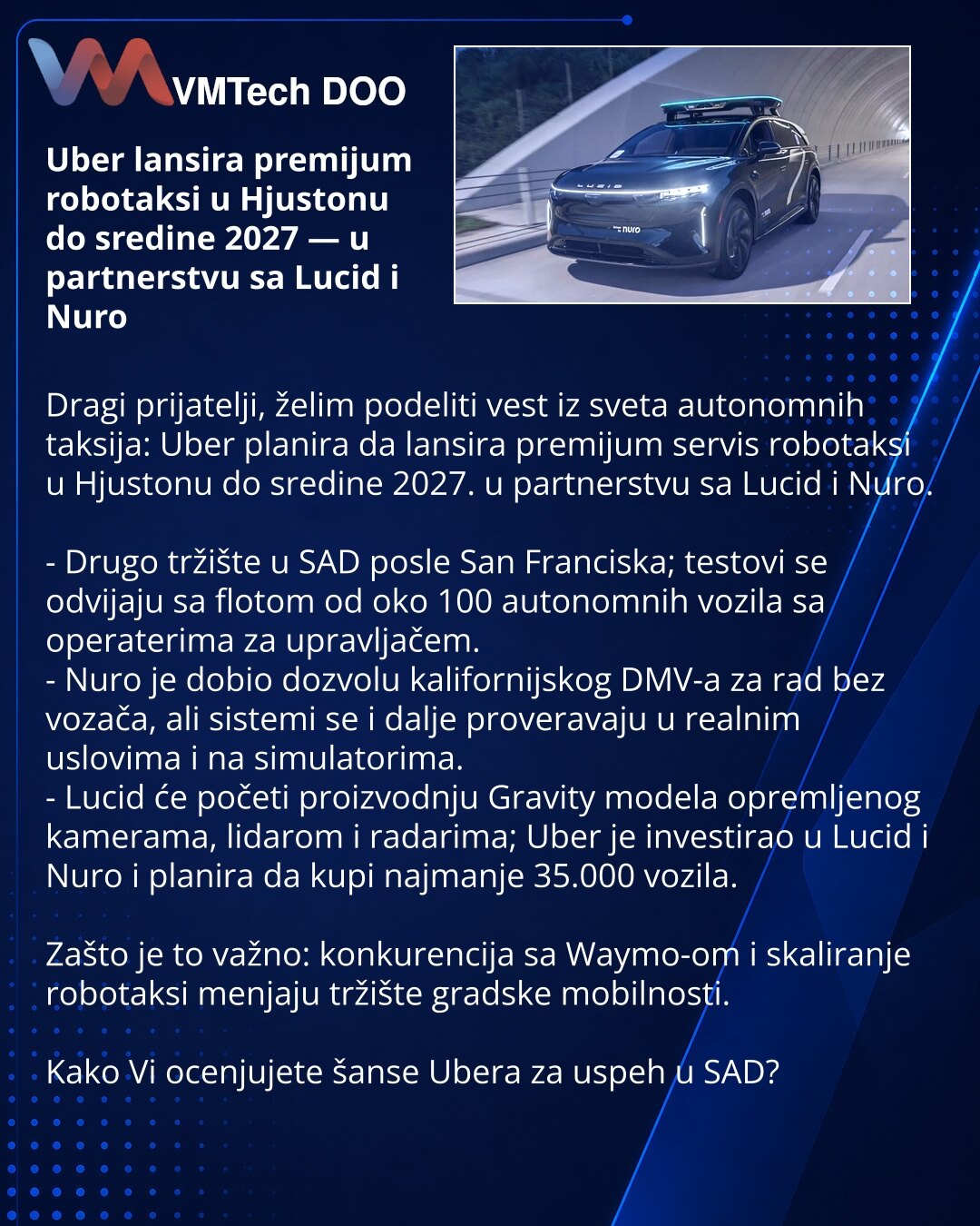 Uber lansira premijum robotaksi u Hjustonu do sredine 2027 — u partnerstvu sa Lucid i Nuro

Dragi prijatelji, želim podeliti vest iz sveta autonomnih taksija: Uber planira da lansira premijum servis robotaksi u Hjustonu do sredine 2027. u partnerstvu sa Lucid i Nuro.

- Drugo tržište u SAD posle San Franciska; testovi se odvijaju sa flotom od oko 100 autonomnih vozila sa operaterima za upravljačem.
- Nuro je dobio dozvolu kalifornijskog DMV-a za rad bez vozača, ali sistemi se i dalje proveravaju