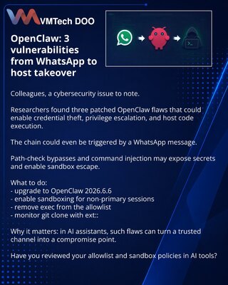 OpenClaw: 3 vulnerabilities from WhatsApp to host takeover