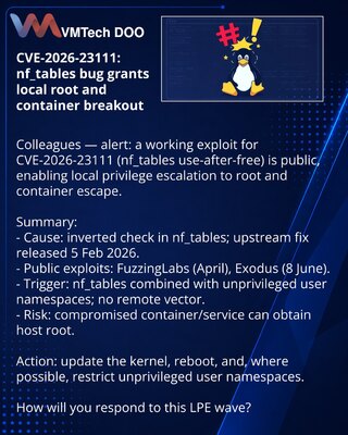 CVE-2026-23111: propust u nf_tables omogućava lokalni root i izlazak iz kontejnera