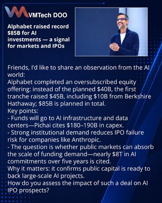 Alphabet raised record $85B for AI investments — a signal for markets and IPOs