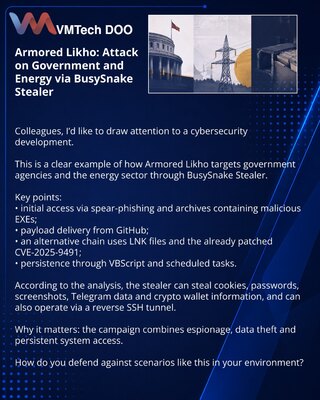 Armored Likho: новая атака на госструктуры и энергетику через BusySnake Stealer