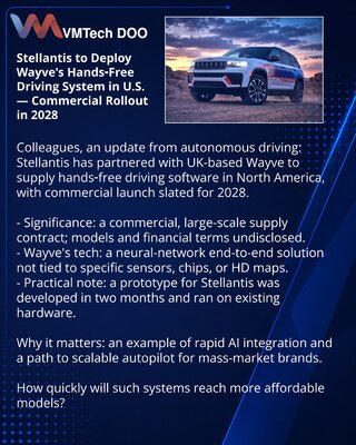Stellantis внедрит систему безрукого вождения Wayve в США — коммерческий запуск в 2028