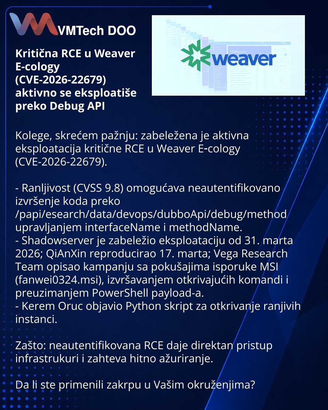 Kritična RCE u Weaver E-cology (CVE-2026-22679) aktivno se eksploatiše preko Debug API

Kolege, skrećem pažnju: zabeležena je aktivna eksploatacija kritične RCE u Weaver E‑cology (CVE-2026-22679).

- Ranljivost (CVSS 9.8) omogućava neautentifikovano izvršenje koda preko /papi/esearch/data/devops/dubboApi/debug/method upravljanjem interfaceName i methodName.
- Shadowserver je zabeležio eksploataciju od 31. marta 2026; QiAnXin reproducirao 17. marta; Vega Research Team opisao kampanju sa pokušajim